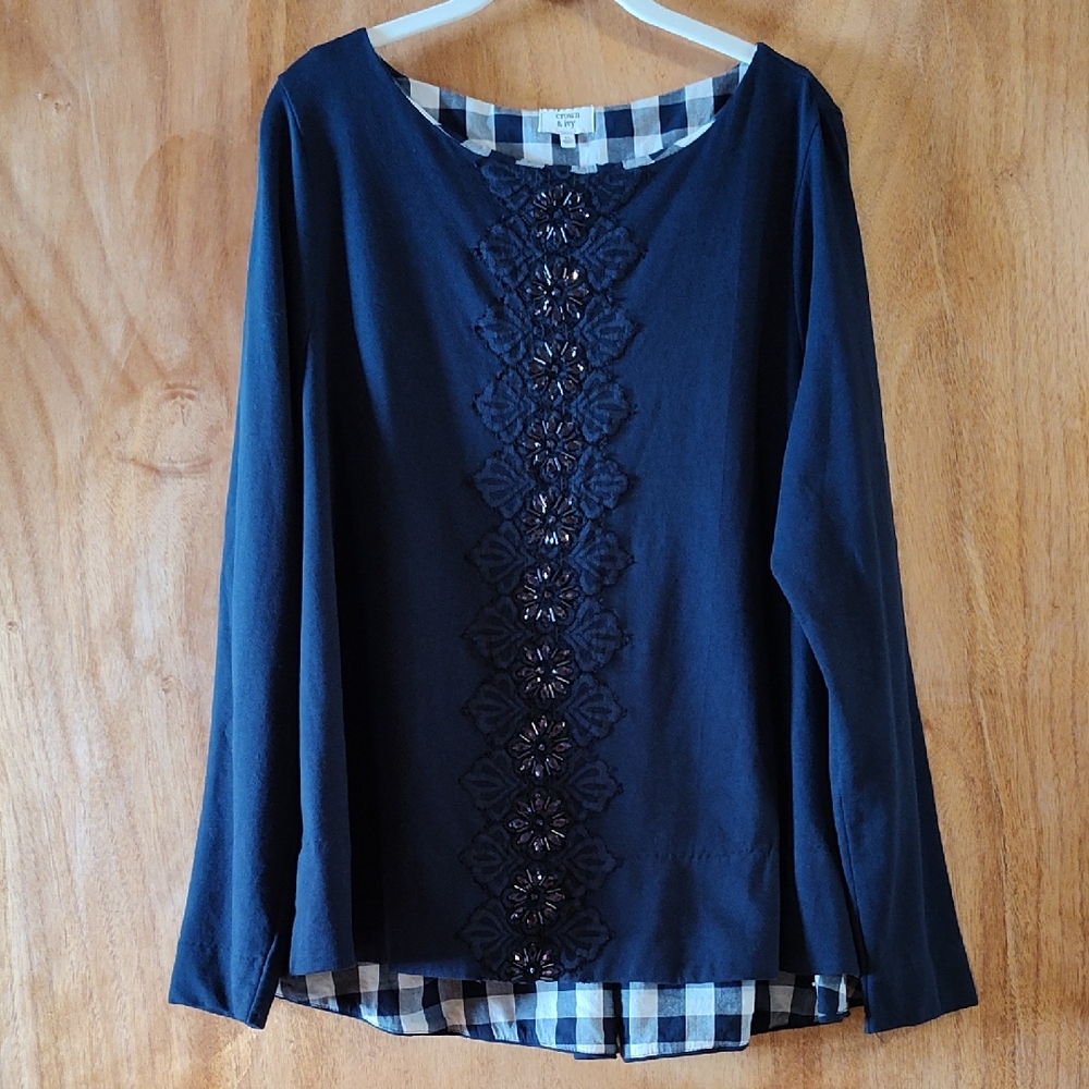 Crown&Ivy Womens Beaded Trapeze Top Navy Gingham Long Sleeve 100% Cotton Size XL
